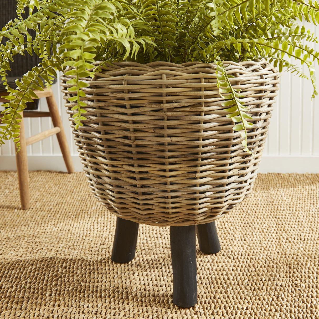 Napa Natural/Black WOVEN RATTAN DRY BASKET PLANT RISER 21.25"