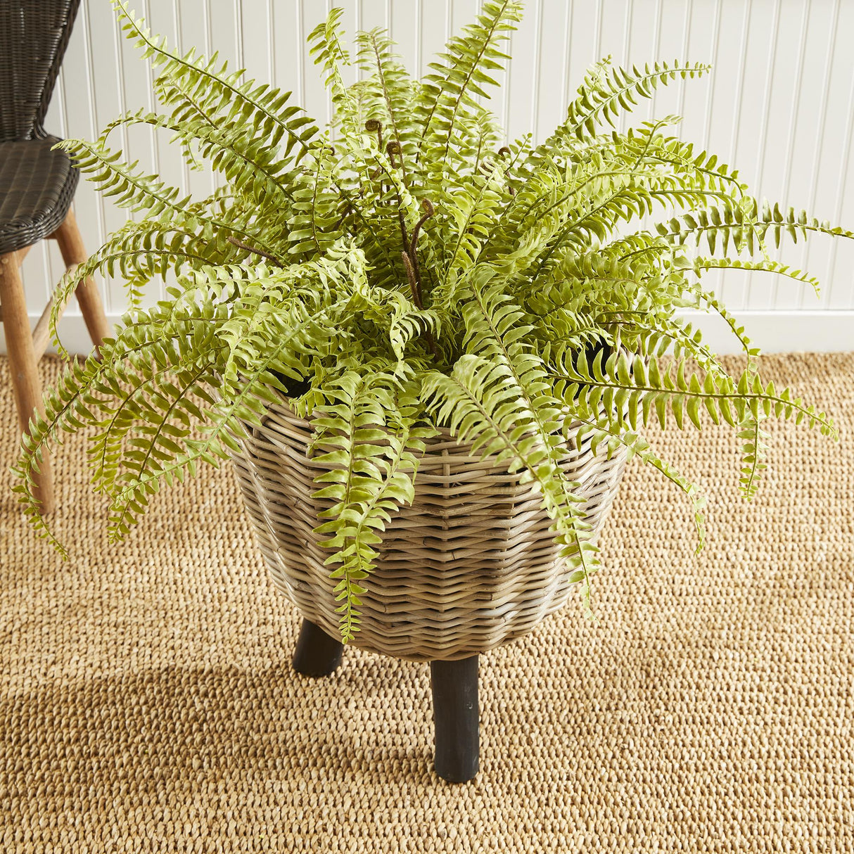 Napa Natural/Black WOVEN RATTAN DRY BASKET PLANT RISER 21.25"