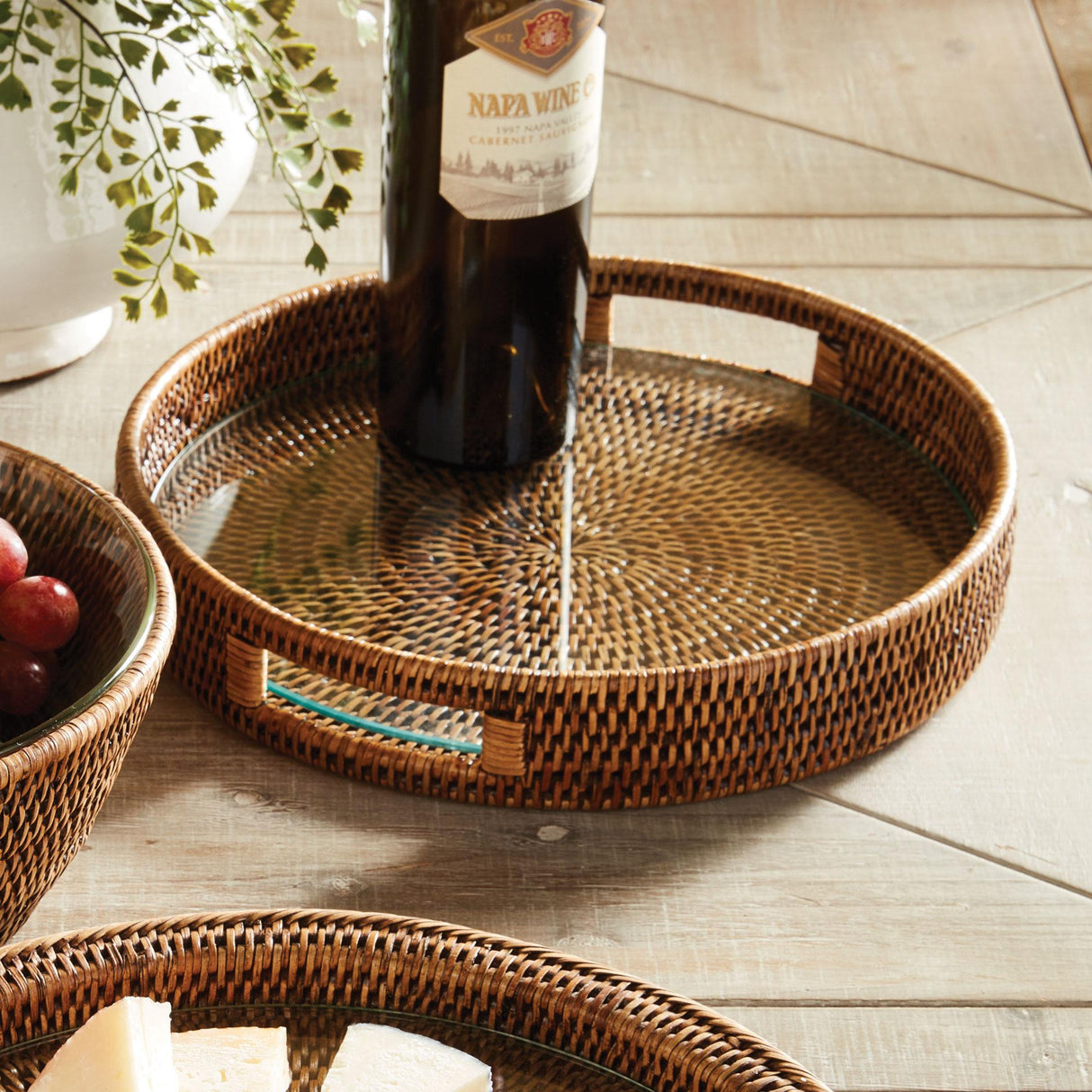 Napa Warm Brown BURMA RATTAN ROUND SERVING TRAY