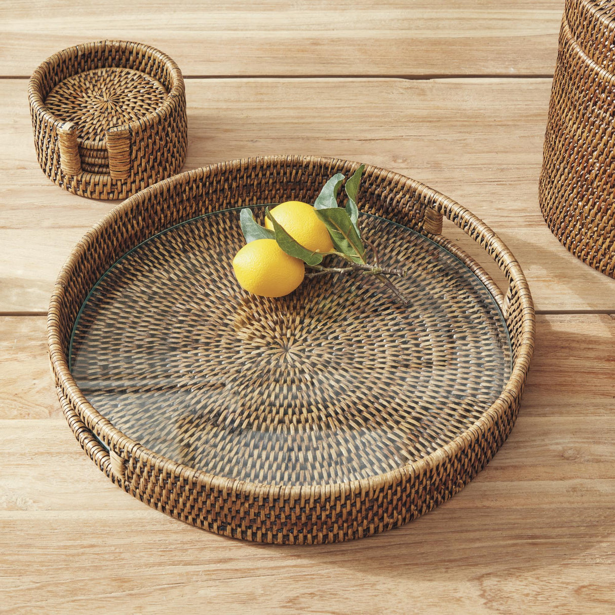 Napa Warm Brown BURMA RATTAN ROUND SERVING TRAY