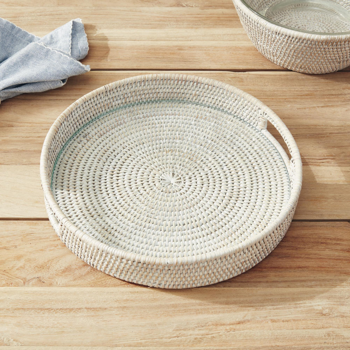 Napa Whitewash BURMA RATTAN ROUND SERVING TRAY