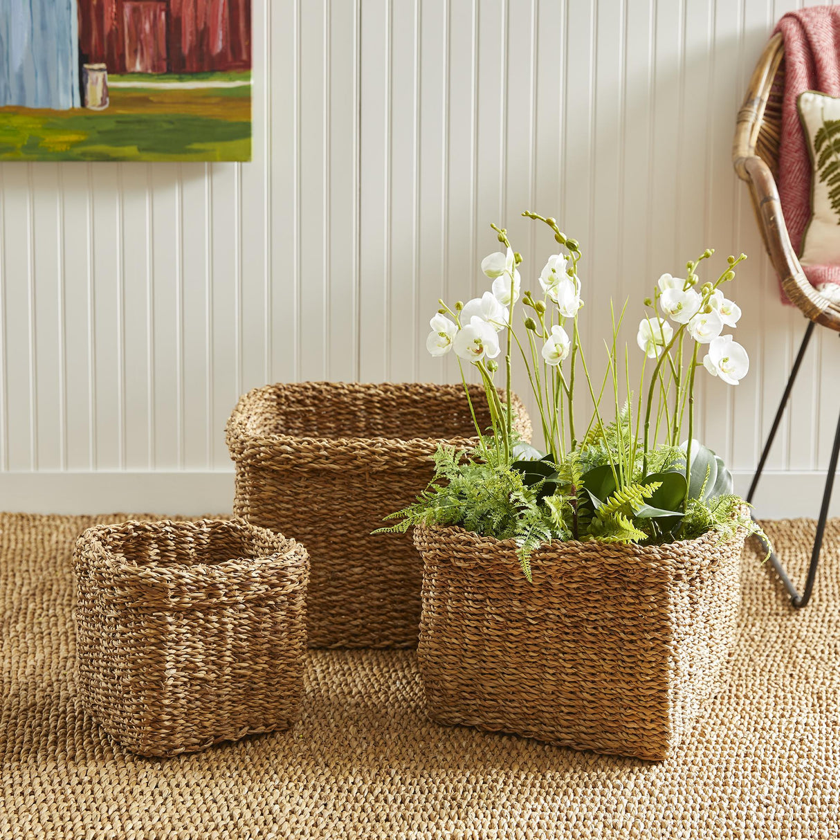 Napa Natural SEAGRASS SQUARE BASKETS WITH CUFFS, SET OF 3
