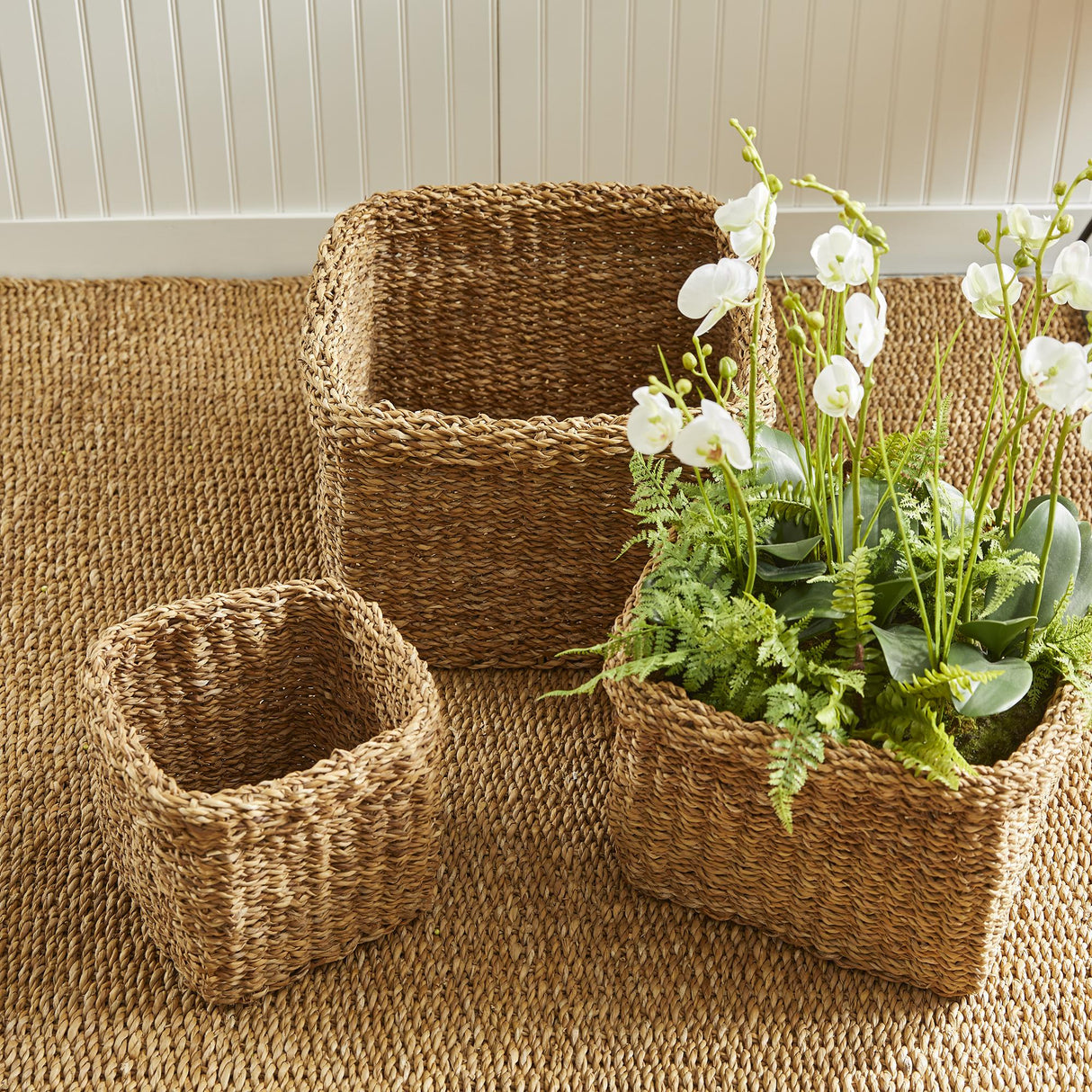 Napa Natural SEAGRASS SQUARE BASKETS WITH CUFFS, SET OF 3