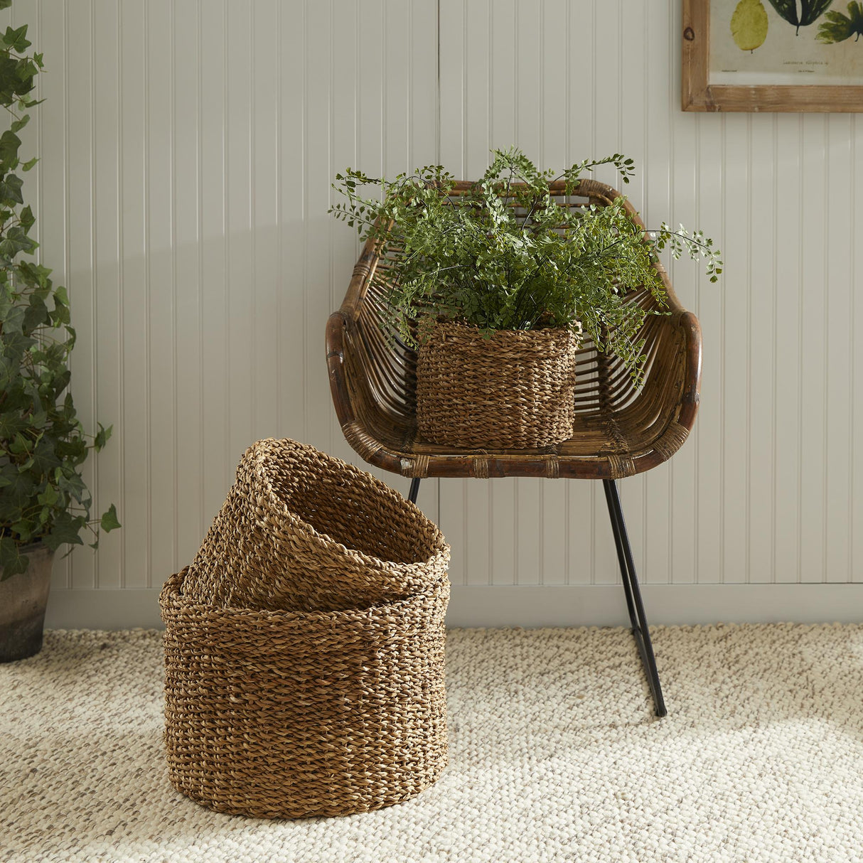 Napa Natural SEAGRASS ROUND BASKETS WITH CUFFS, SET OF 3