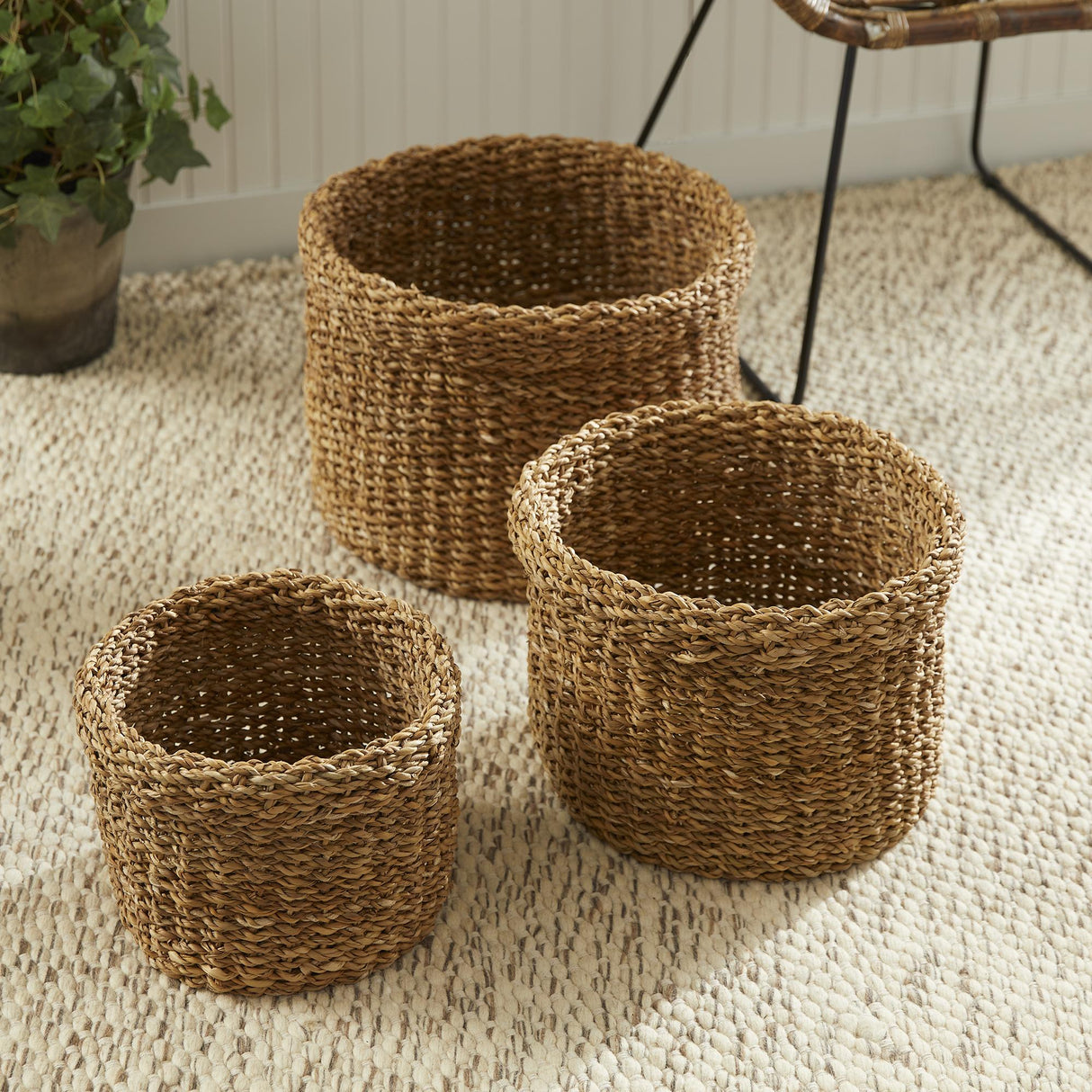 Napa Natural SEAGRASS ROUND BASKETS WITH CUFFS, SET OF 3