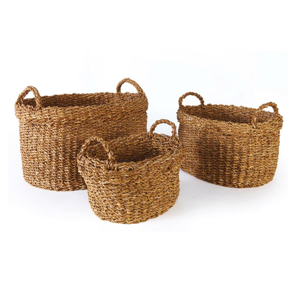 Napa Natural SEAGRASS OVAL BASKETS WITH HANDLES, SET OF 3
