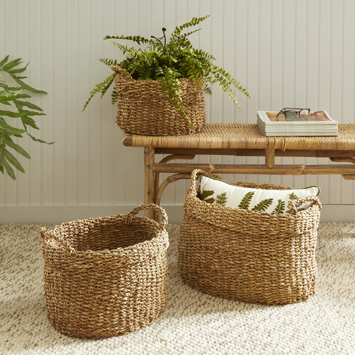 Napa Natural SEAGRASS OVAL BASKETS WITH HANDLES, SET OF 3