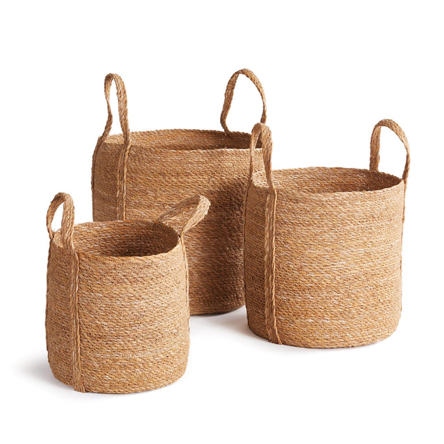 Napa Natural SEAGRASS ROUND BASKETS WITH LONG HANDLES, SET OF 3