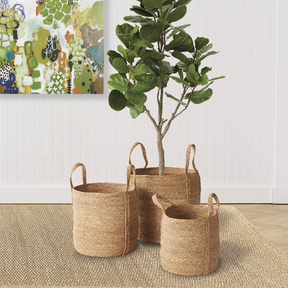 Napa Natural SEAGRASS ROUND BASKETS WITH LONG HANDLES, SET OF 3