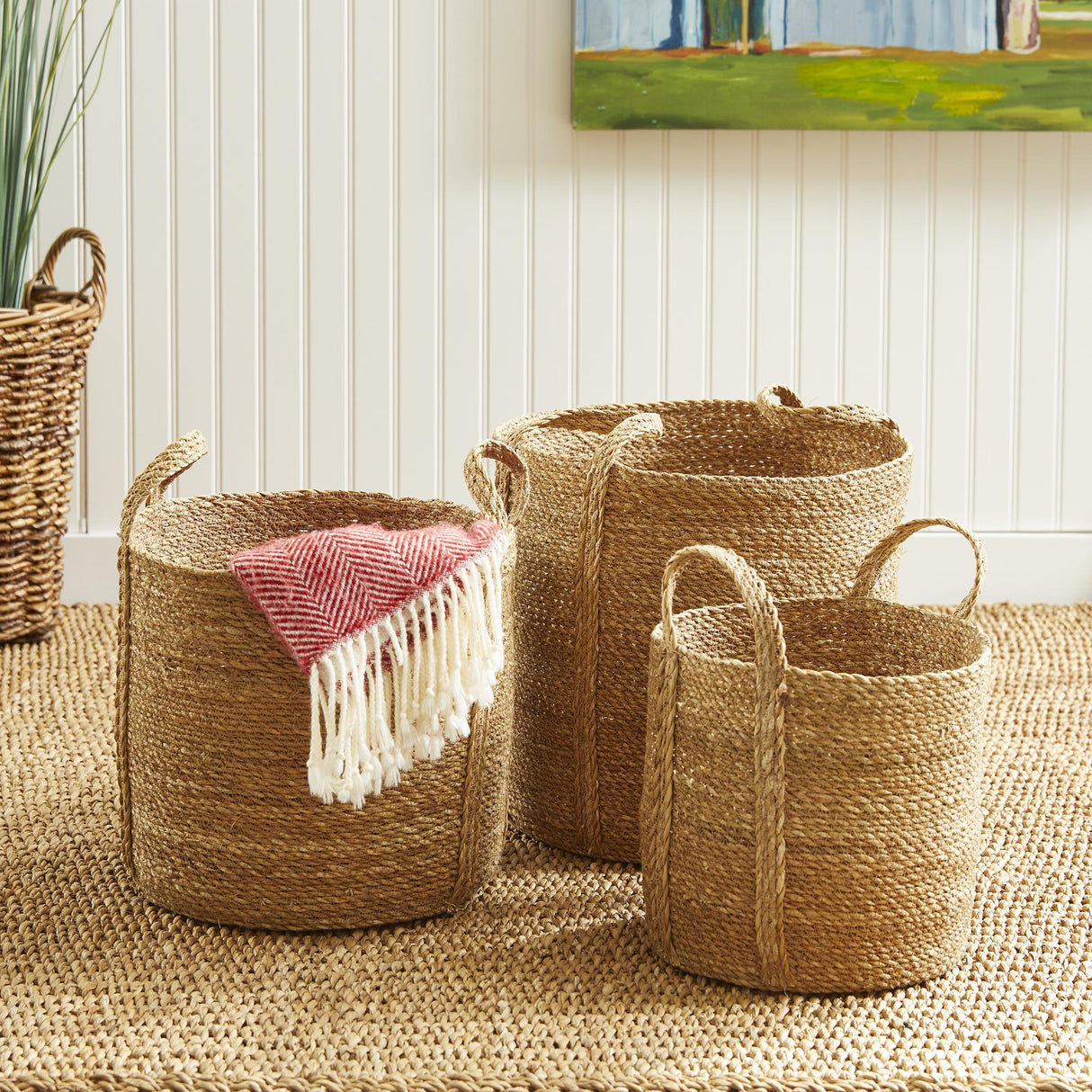 Napa Natural SEAGRASS ROUND BASKETS WITH LONG HANDLES, SET OF 3