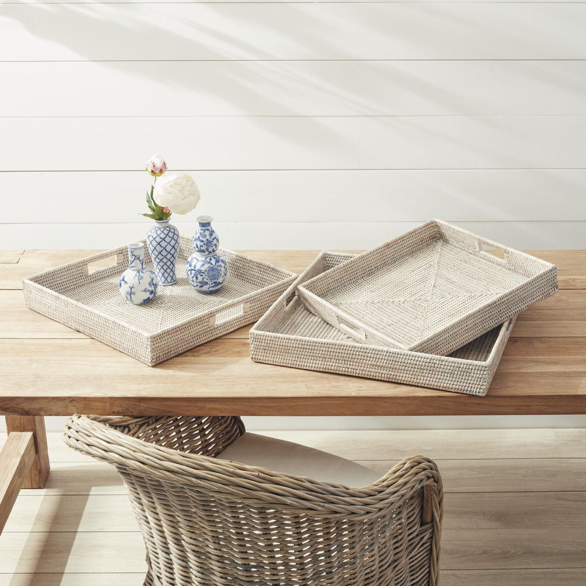 Napa Whitewash BURMA RATTAN OTTOMAN TRAYS, SET OF 3