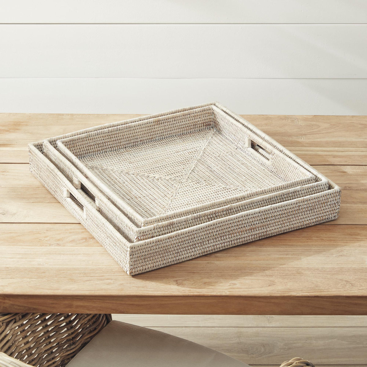 Napa Whitewash BURMA RATTAN OTTOMAN TRAYS, SET OF 3