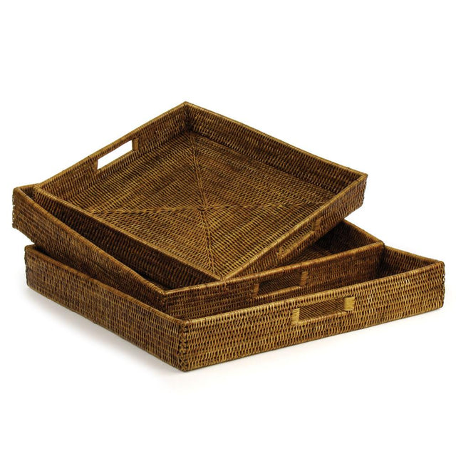 Napa Warm Brown BURMA RATTAN OTTOMAN TRAYS, SET OF 3