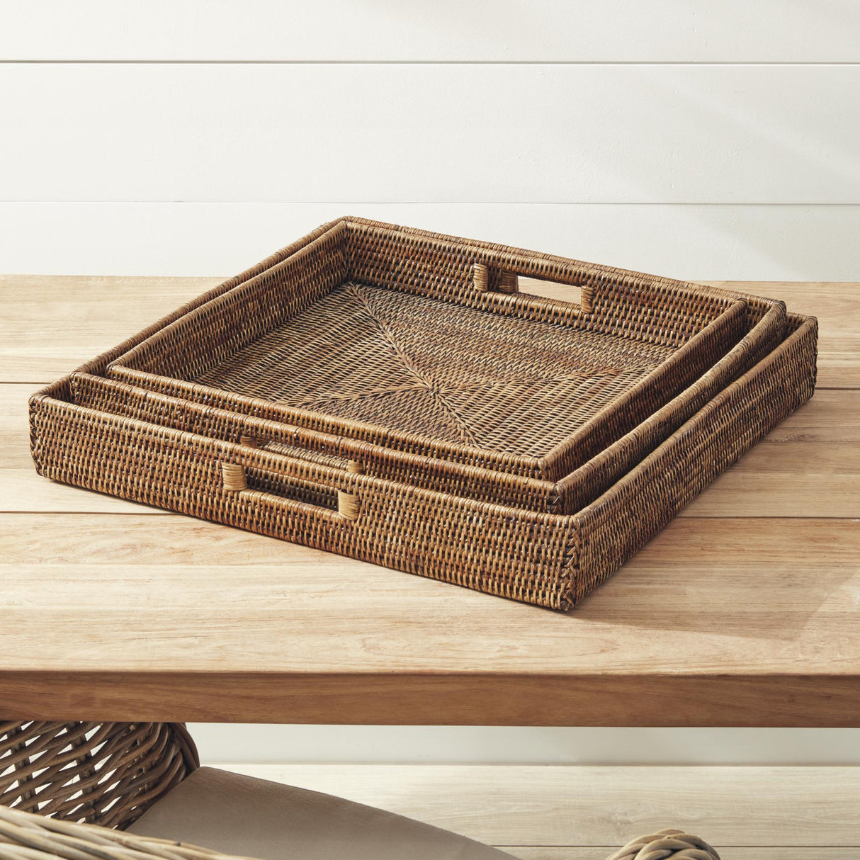 Napa Warm Brown BURMA RATTAN OTTOMAN TRAYS, SET OF 3