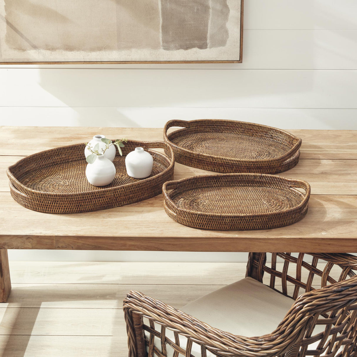Napa Warm Brown BURMA RATTAN OVAL SERVING TRAYS, SET OF 3