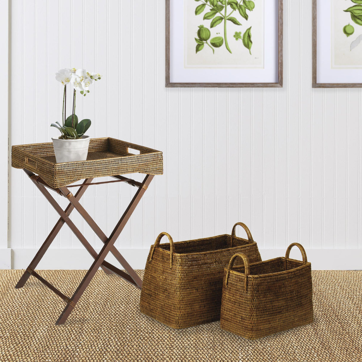Napa Warm Brown BURMA RATTAN NARROW MAGAZINE BASKETS, SET OF 2