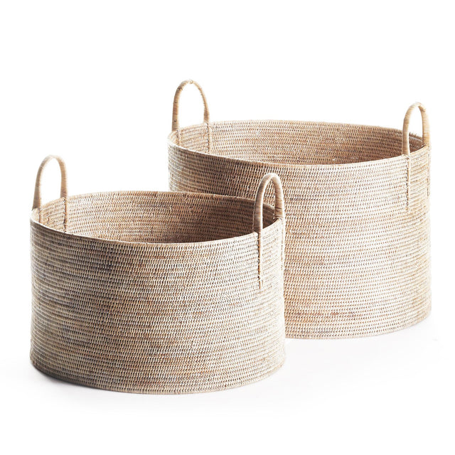Napa Whitewash BURMA RATTAN HAMPERS WITH HANDLES, SET OF 2