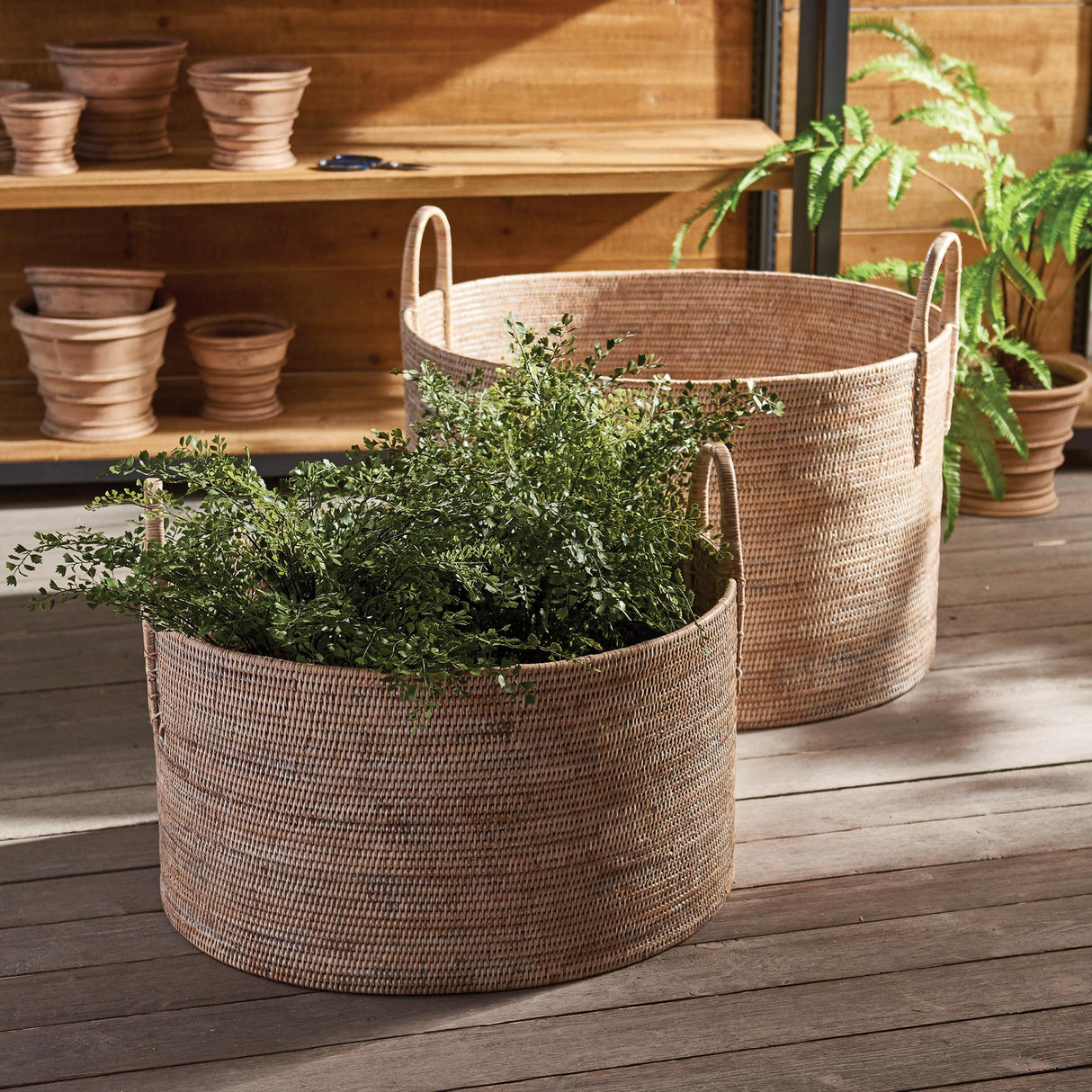 Napa Whitewash BURMA RATTAN HAMPERS WITH HANDLES, SET OF 2