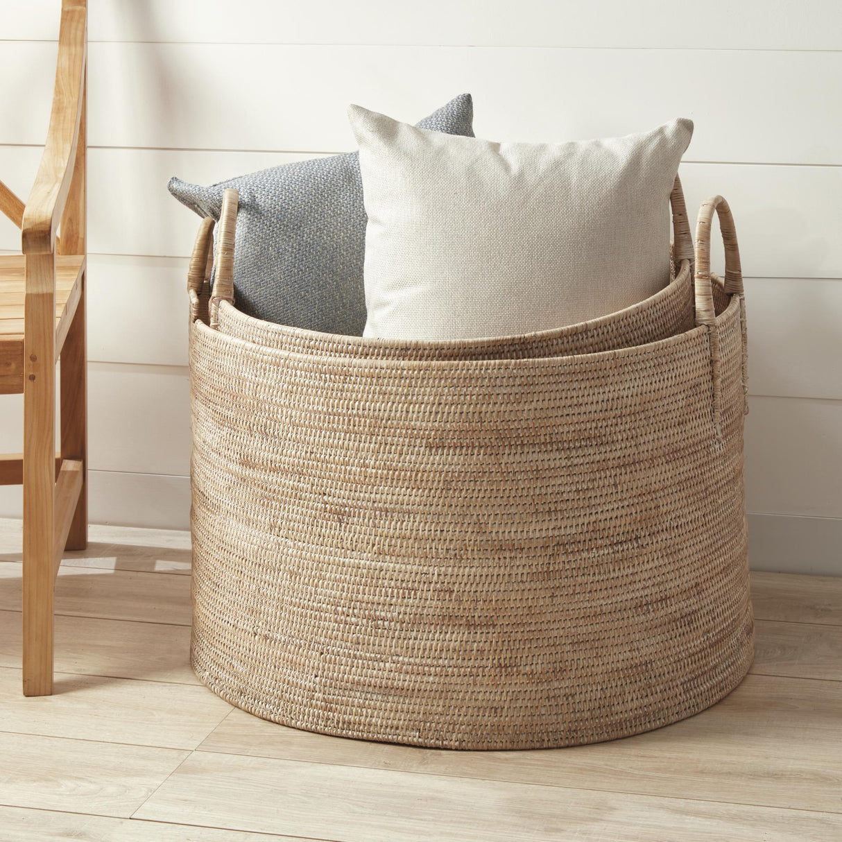 Napa Whitewash BURMA RATTAN HAMPERS WITH HANDLES, SET OF 2