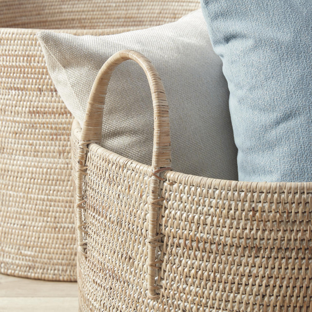 Napa Whitewash BURMA RATTAN HAMPERS WITH HANDLES, SET OF 2