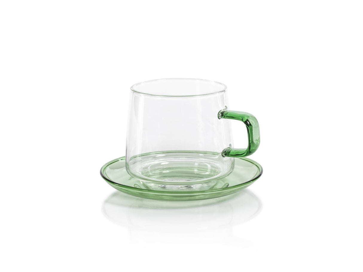 Zodax Green Bergamo Glass Tea & Coffee Cups and Saucers, Set of 4