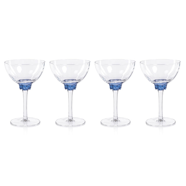 Zodax Sapphire Blue Cambrai Martini / Cocktail Optic Glasses, Set of 4
