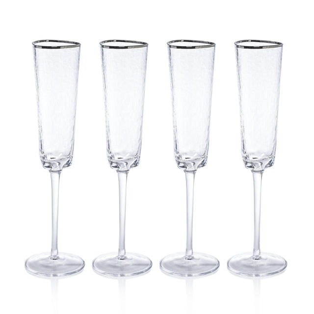 Zodax Kampari Triangular Champagne Flutes  with Platinum Rim, Set of 4