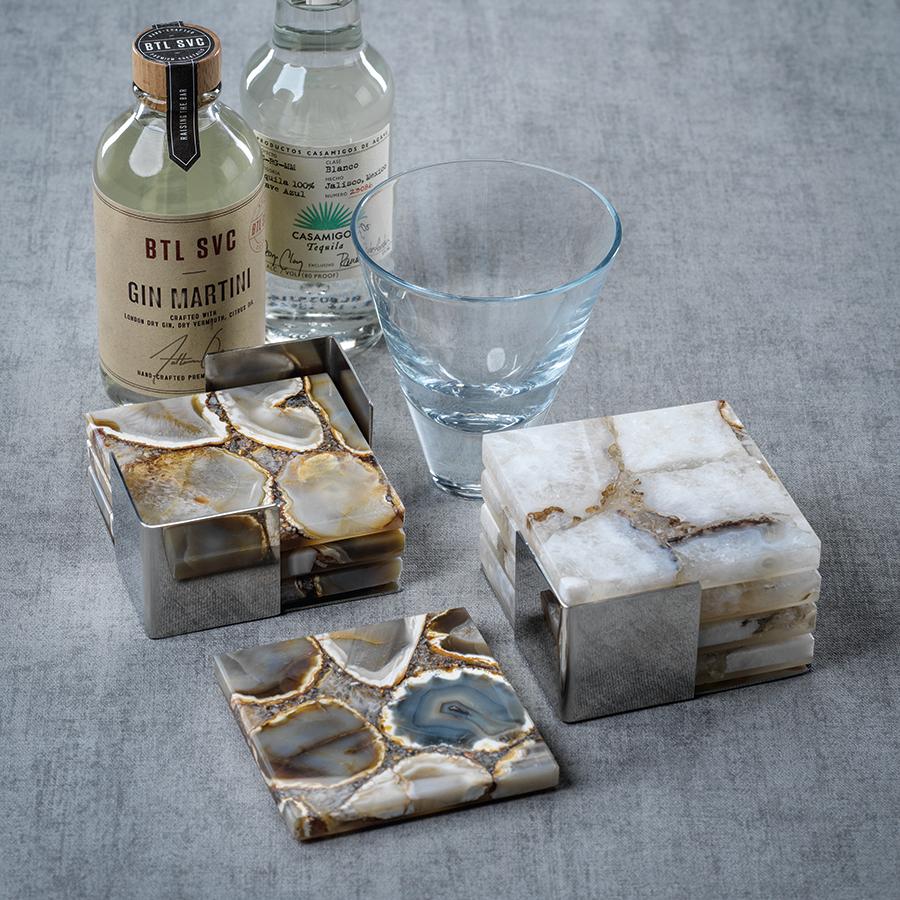 Zodax Taupe, Brown Corfu 4-Piece Set Agate Coasters On Metal Tray
