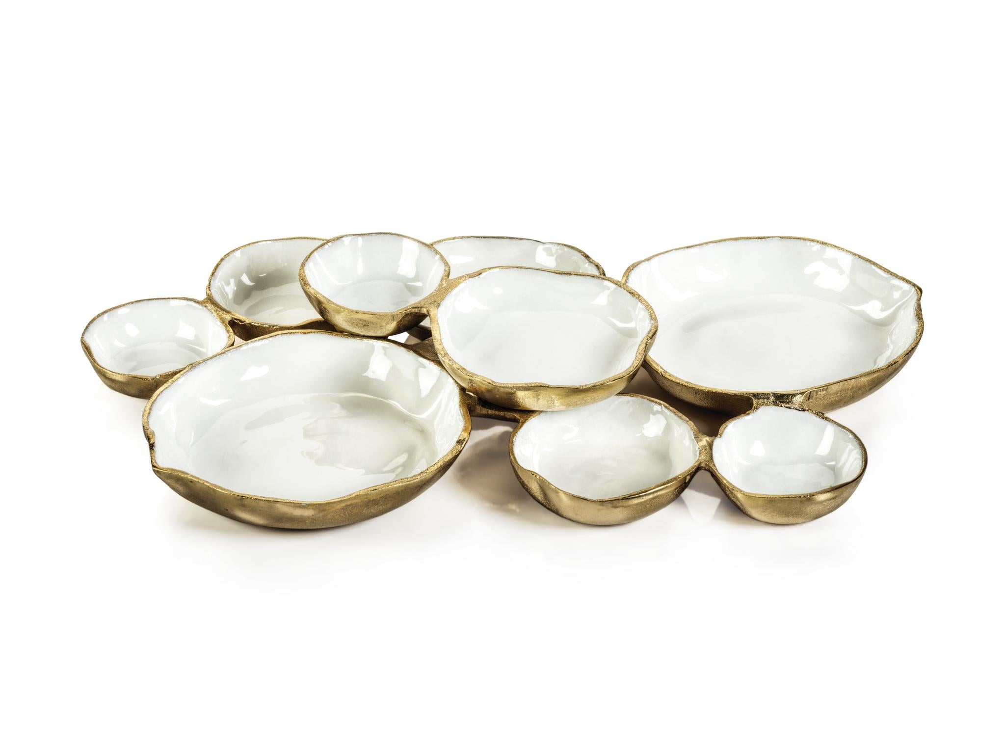 Zodax Gold Cluster Of Nine Round Serving Bowls With White Enamel