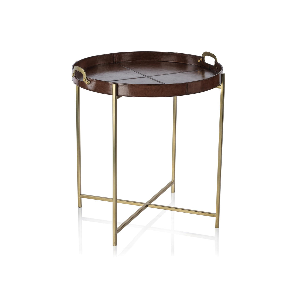 Zodax Tan Harlow Leather with Brass Handles Round Tray on Stand