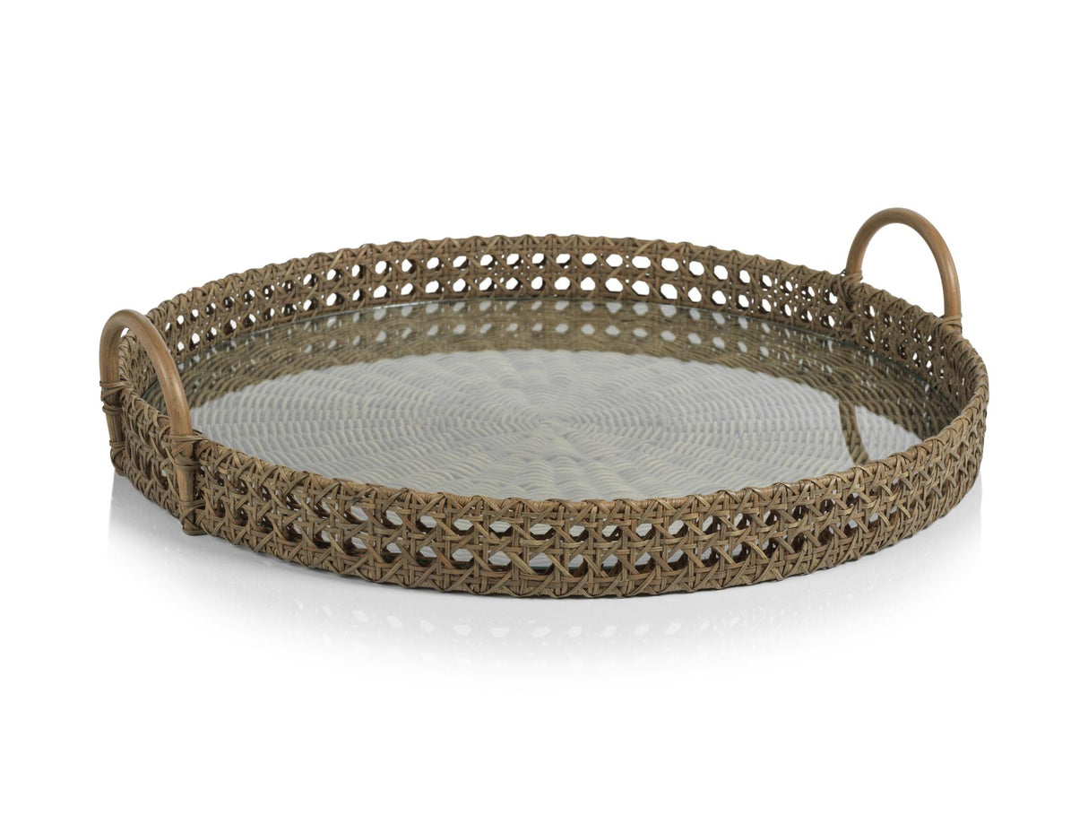 Zodax Zadar Round Open Weave Rattan Tray with Clear Glass