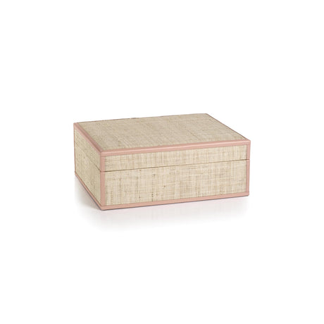 Zodax Large Pink Leather Trim Reggio Natural Fiber Raffia Decorative Box