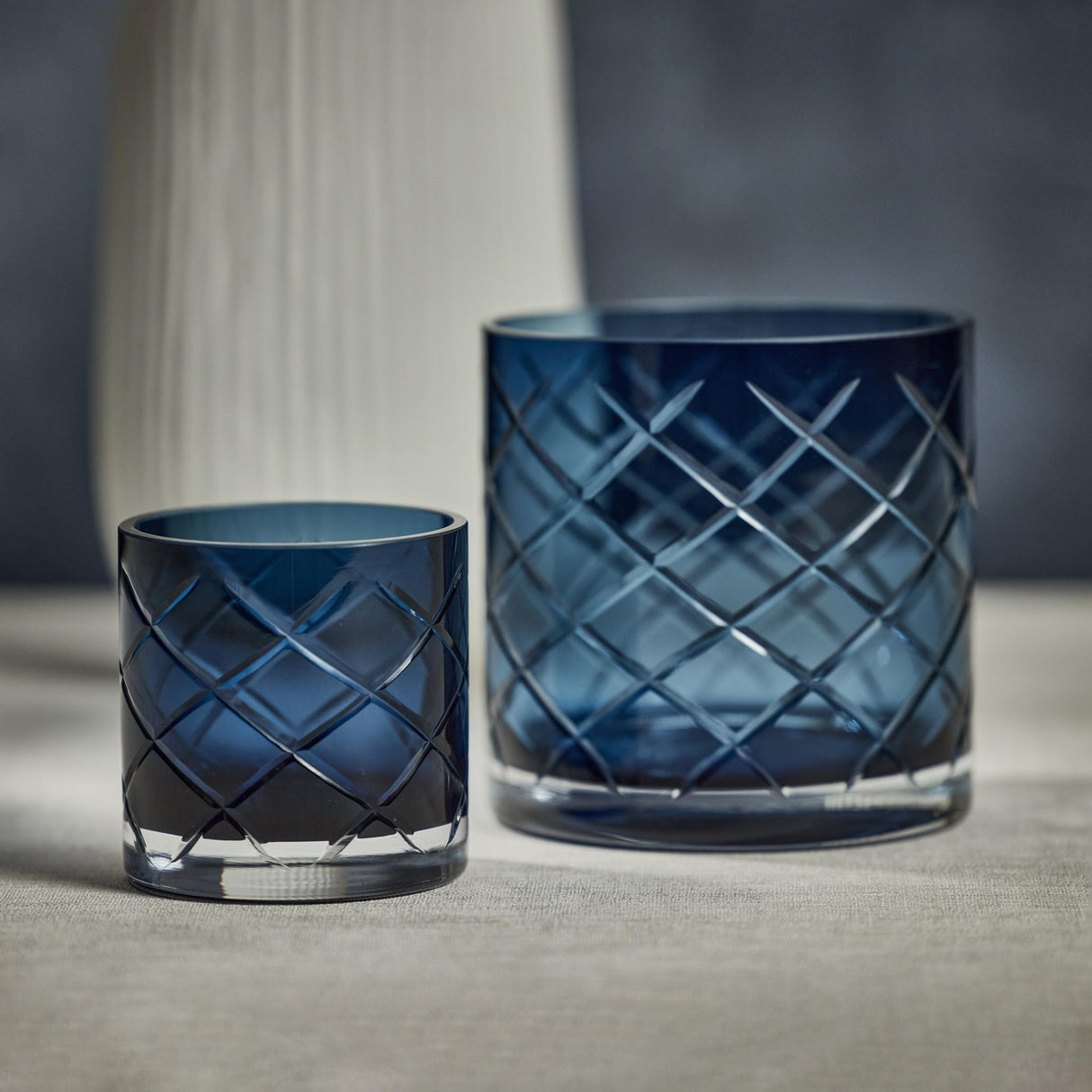 Zodax Navy Mariel 6" Tall Hand Cut Glass Vase / Candle Holder