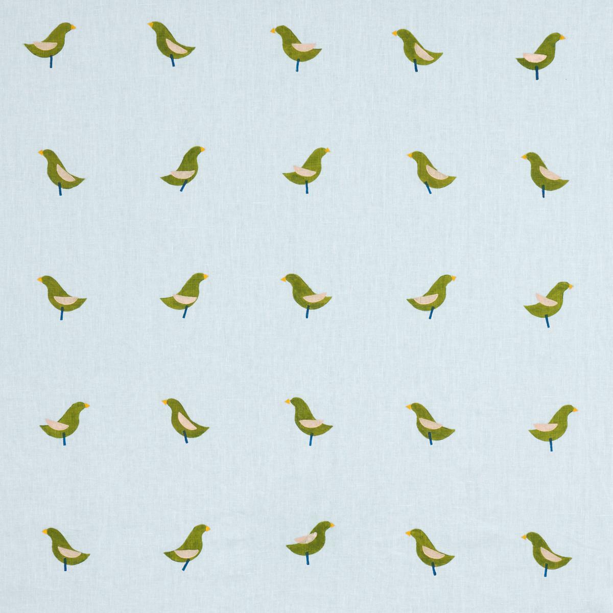 Schumacher Birds Hand Block Print Green On Sky Fabric