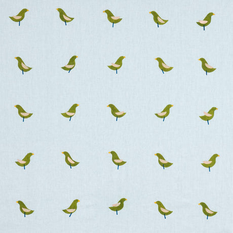 Schumacher Birds Hand Block Print Green On Sky Fabric