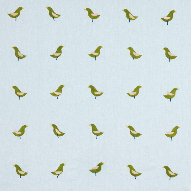 Schumacher Birds Hand Block Print Green On Sky Fabric