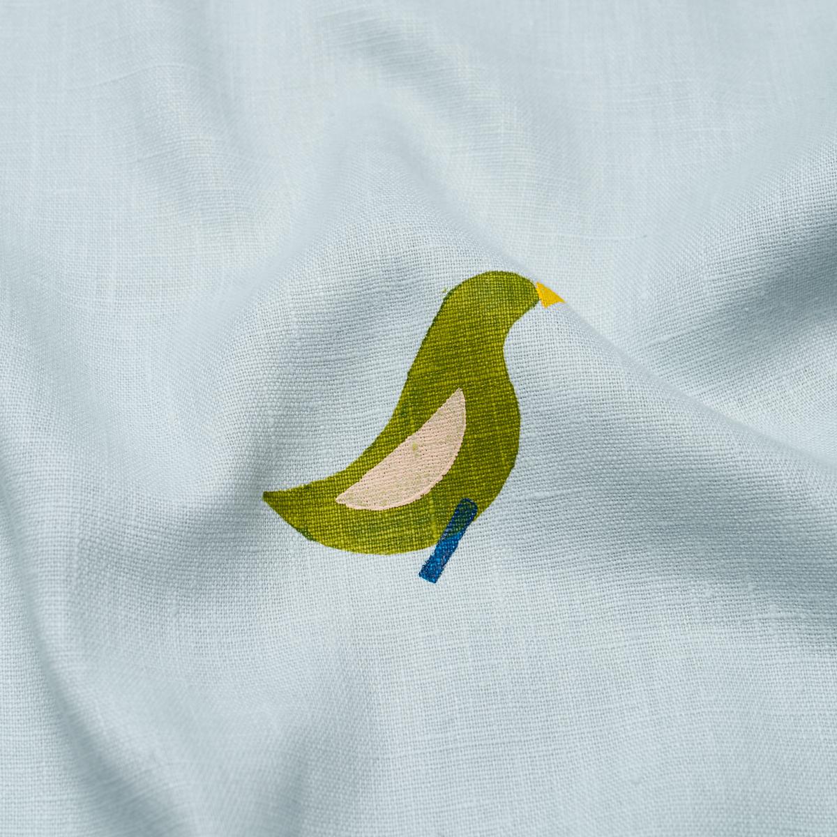 Schumacher Birds Hand Block Print Green On Sky Fabric