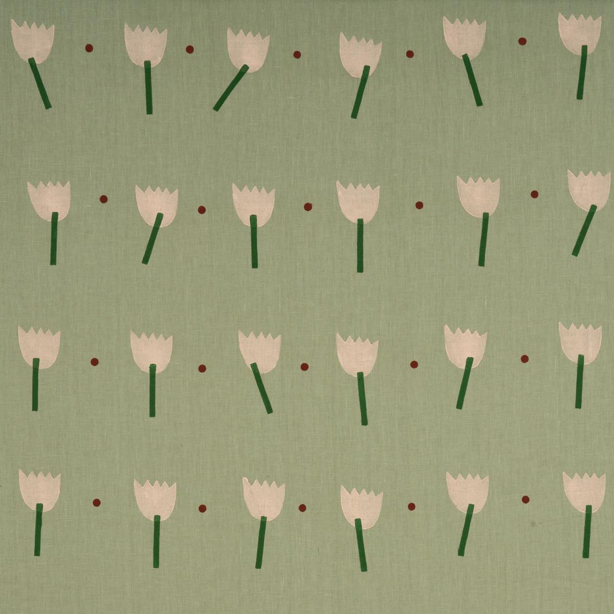 Schumacher Tulip Play Hand Block Print Peach On Sage Fabric