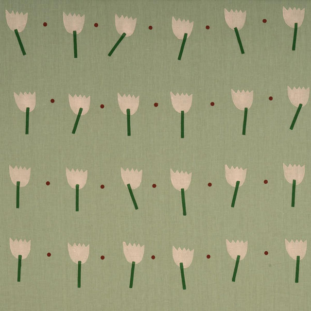 Schumacher Tulip Play Hand Block Print Peach On Sage Fabric