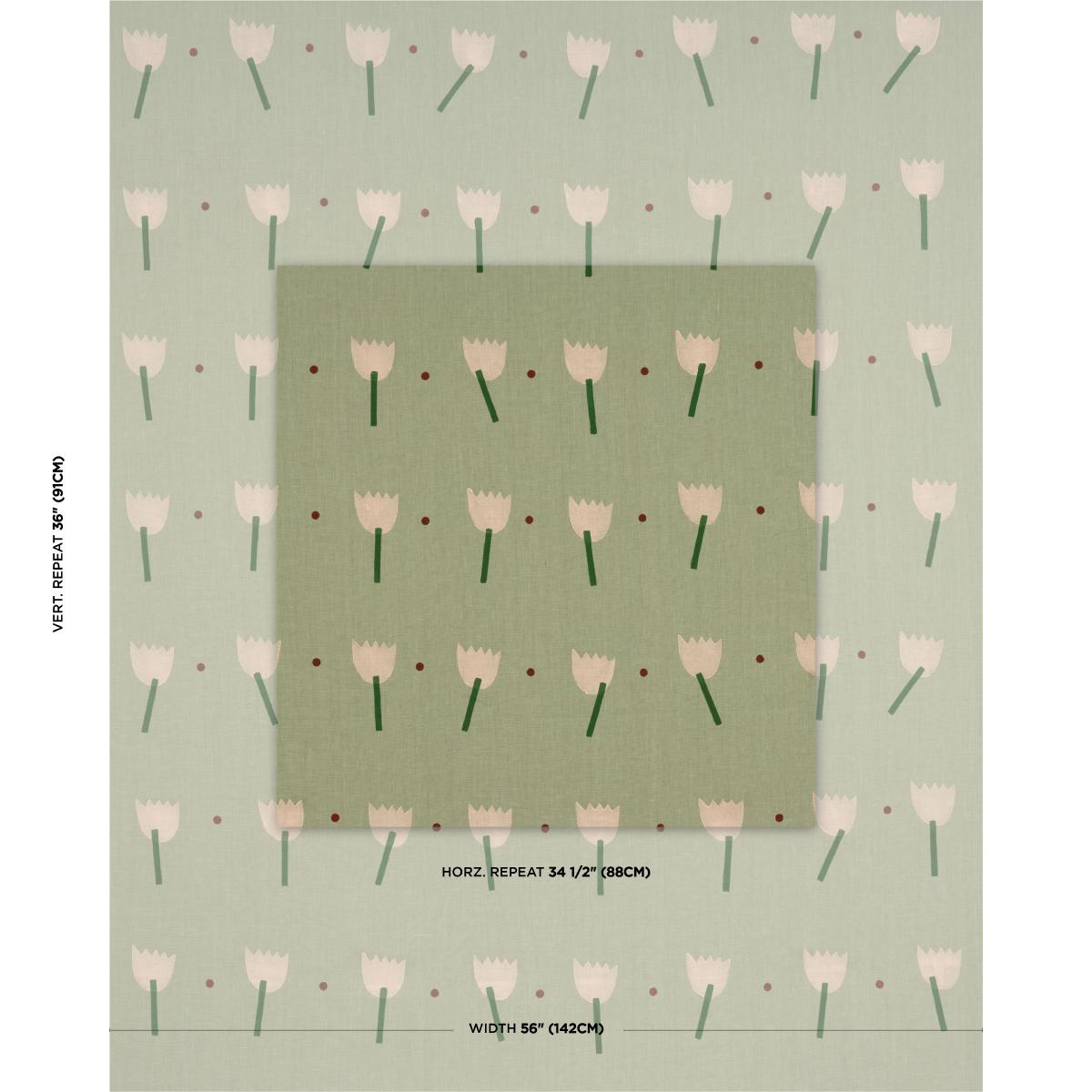 Schumacher Tulip Play Hand Block Print Peach On Sage Fabric