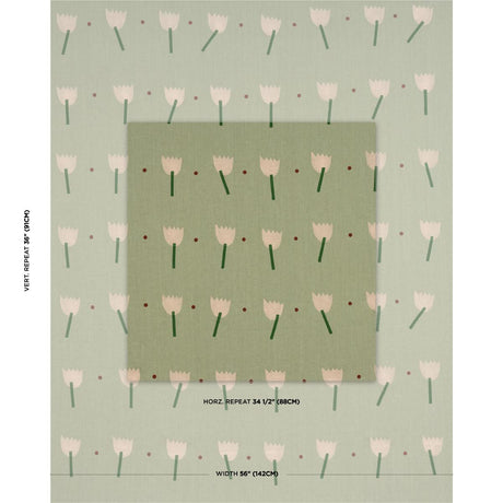 Schumacher Tulip Play Hand Block Print Peach On Sage Fabric