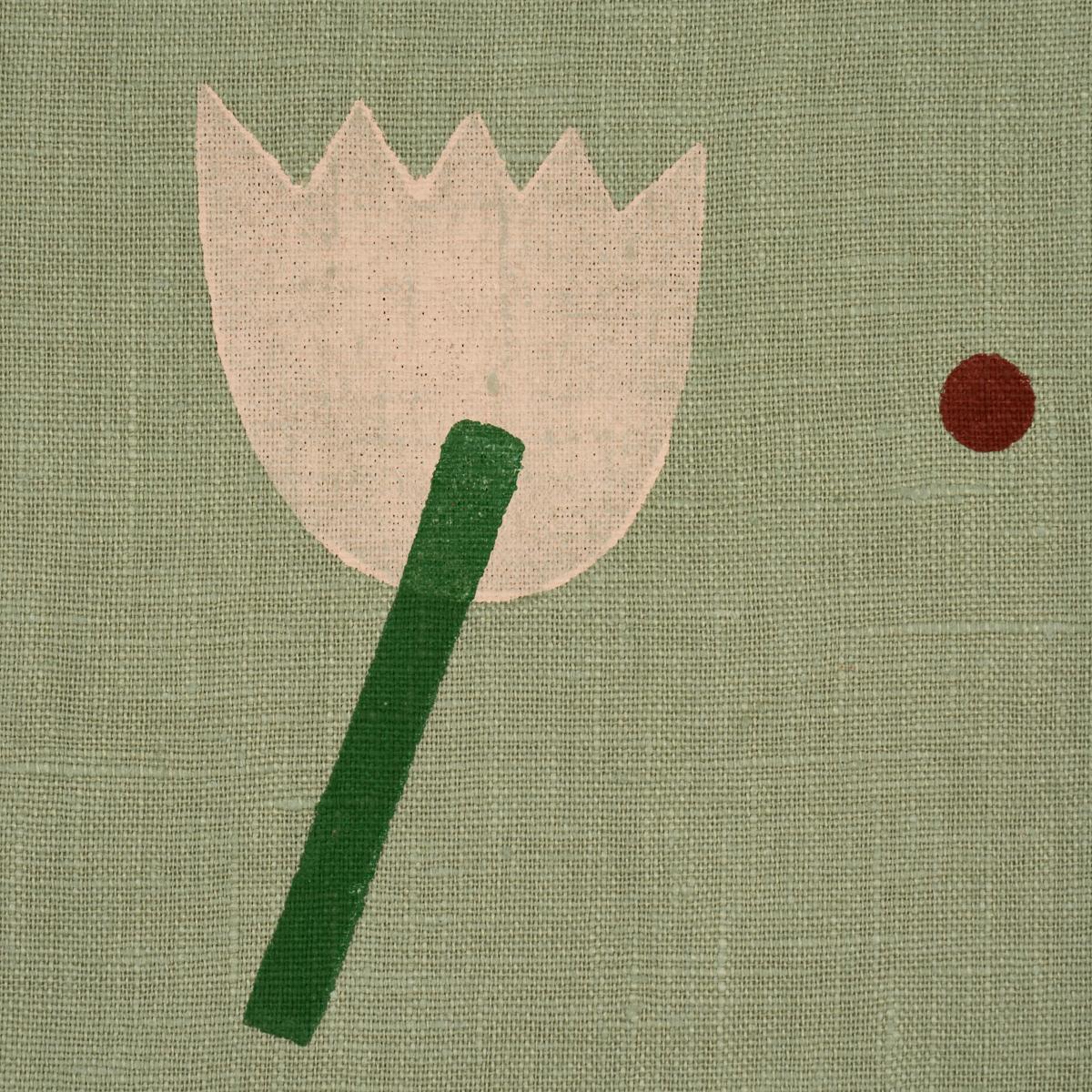 Schumacher Tulip Play Hand Block Print Peach On Sage Fabric