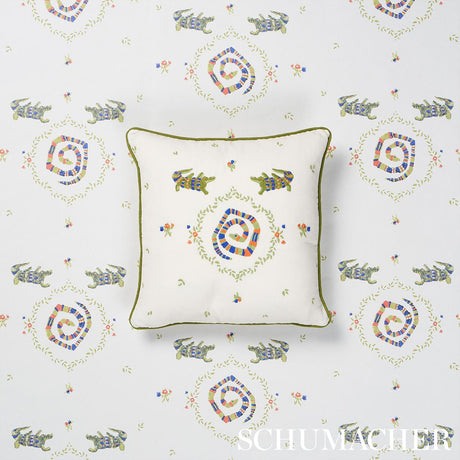 Schumacher Bright Multi On Ivory 16" x 16" Backdrop X Schumacher Reptilia Embroidery Pillow