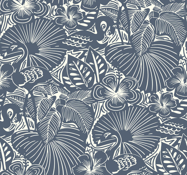 A-Street Prints Idalia Navy Floral Flamingo Wallpaper