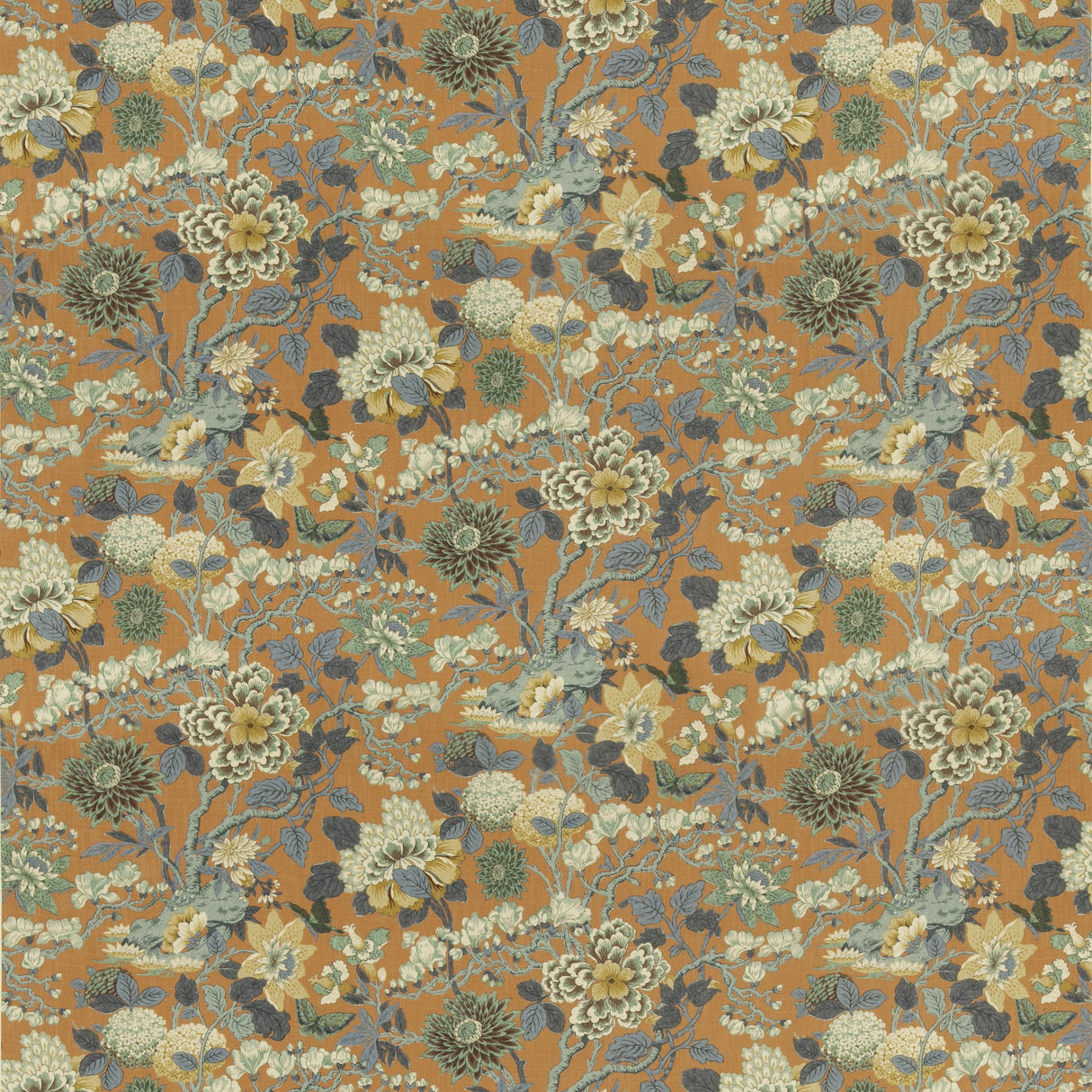 G P & J Baker LITTLE MAGNOLIA TEAL/ORANGE Fabric