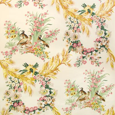 Brunschwig & Fils LES PERDRIX GLAZED CHINTZ RED BLUE-GREEN CREAM Fabric