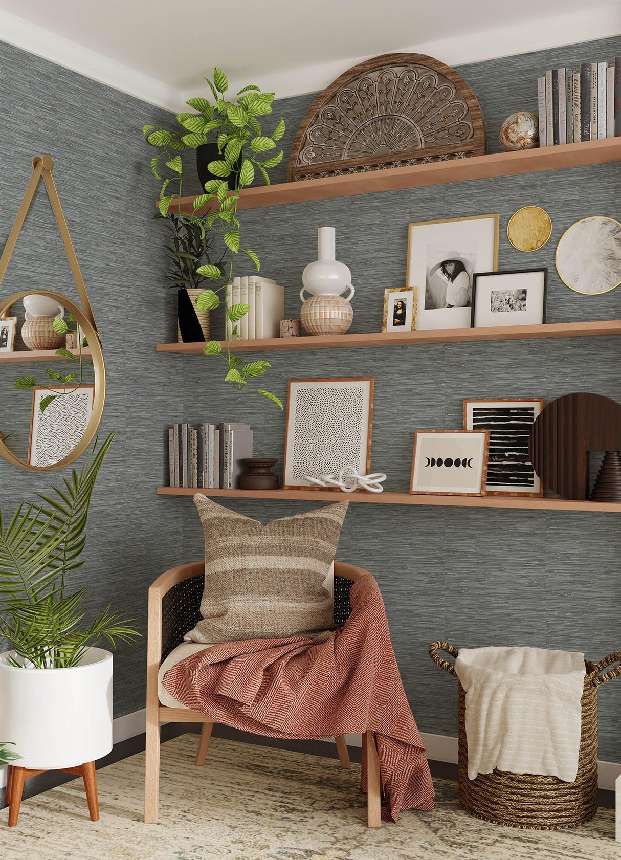 Brewster Home Fashions NuWallpaper None Faux Grasscloth Blue Wallpaper