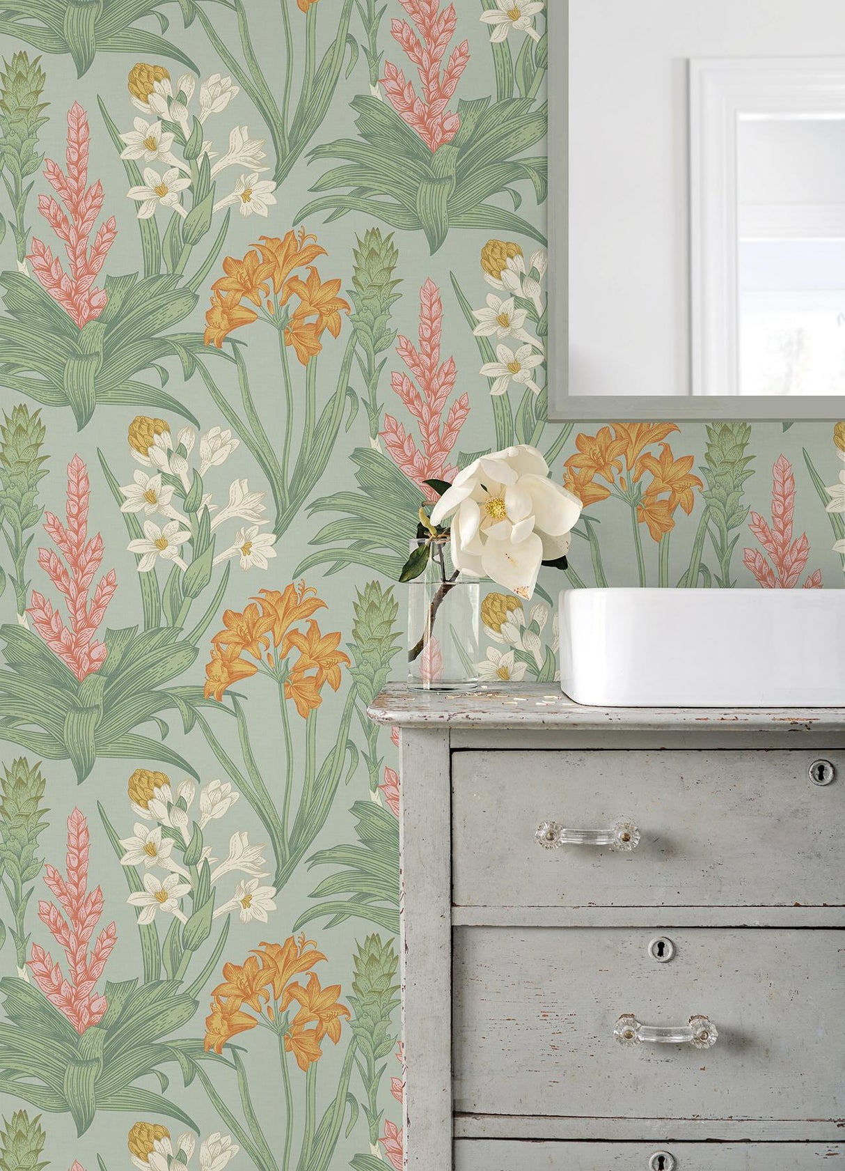 Brewster Home Fashions NuWallpaper None Flowers Jade & Pink Wallpaper