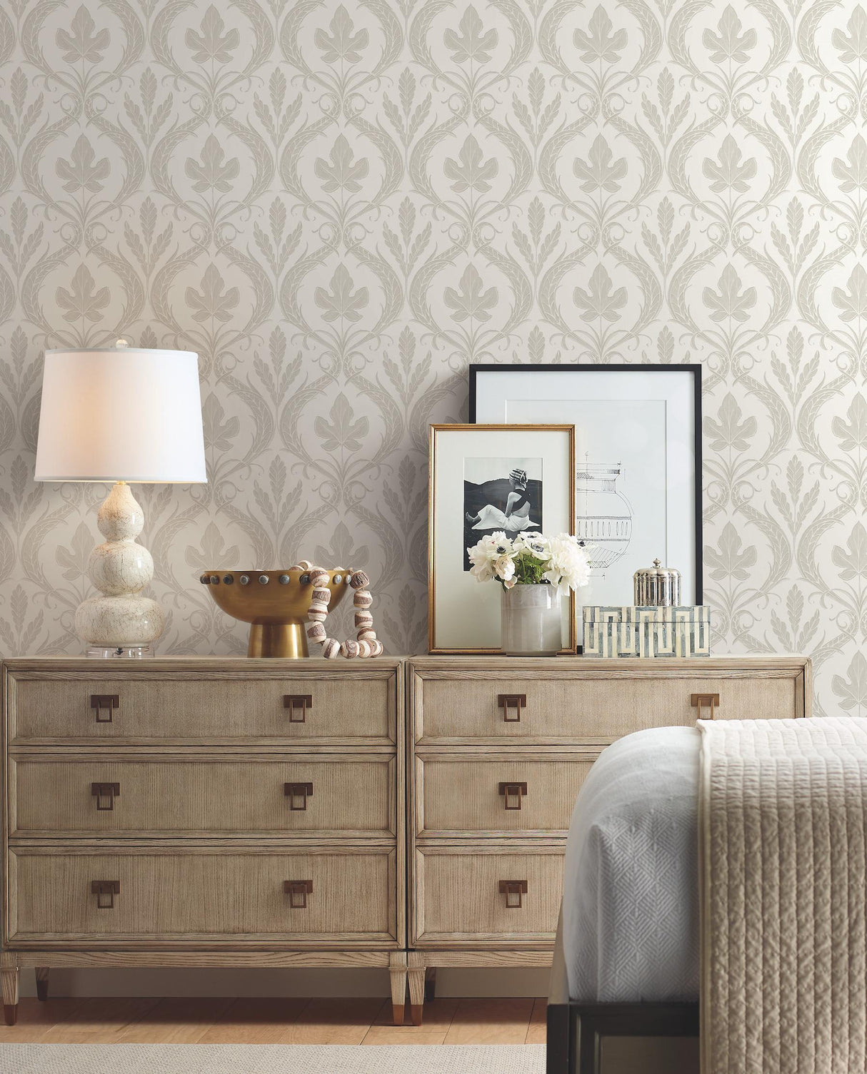 York Wallcoverings Adirondack Damask Beige & White Wallpaper