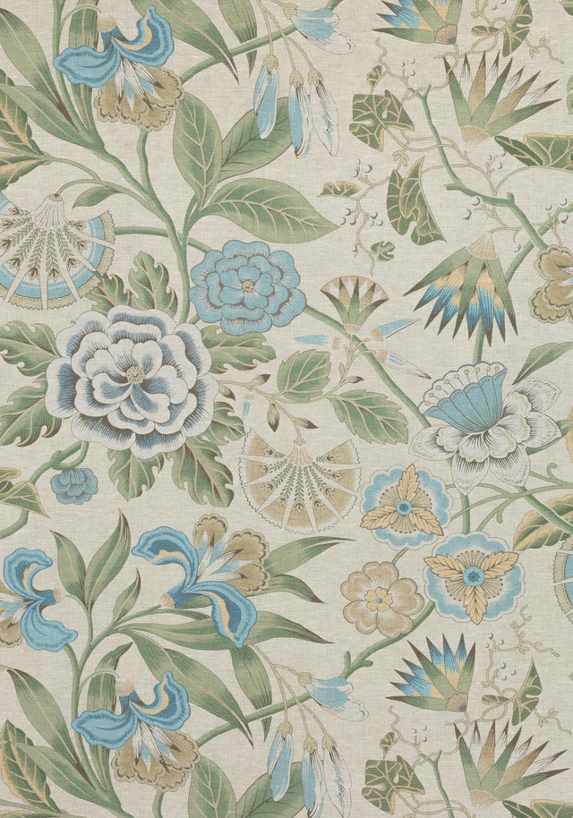 Anna French CLEO Sky Blue and Green on Flax Fabric